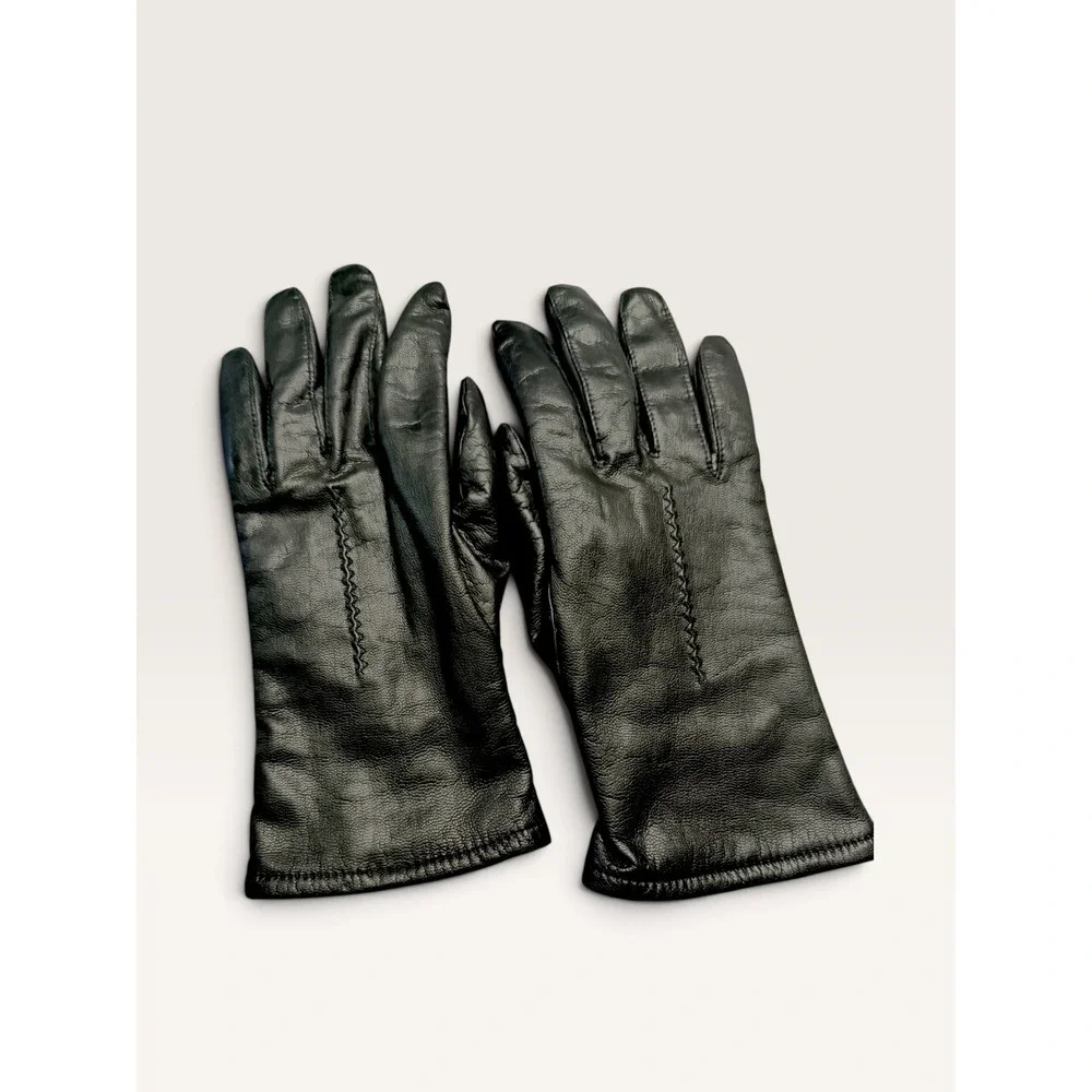 Fownes Black Genuine Leather Lined Gloves Women 7.5 Zigzag Stitch Detail